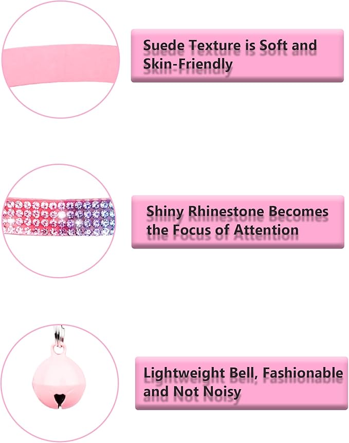 Cat Collars for Girl Cats with Rhinestone Soft Velvet,Breakaway Cat Collars with Bell,Adjustable Safe Kitten Collar (Multicolour Pink)