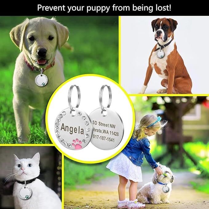 Personalized Dog/Cat Cute Paw Pet ID Tag for Pet Collar or Key Chain - Custom Laser Engraved Unique Dog/cat Name tag with Phone Number (White, Crystals Round-Small)