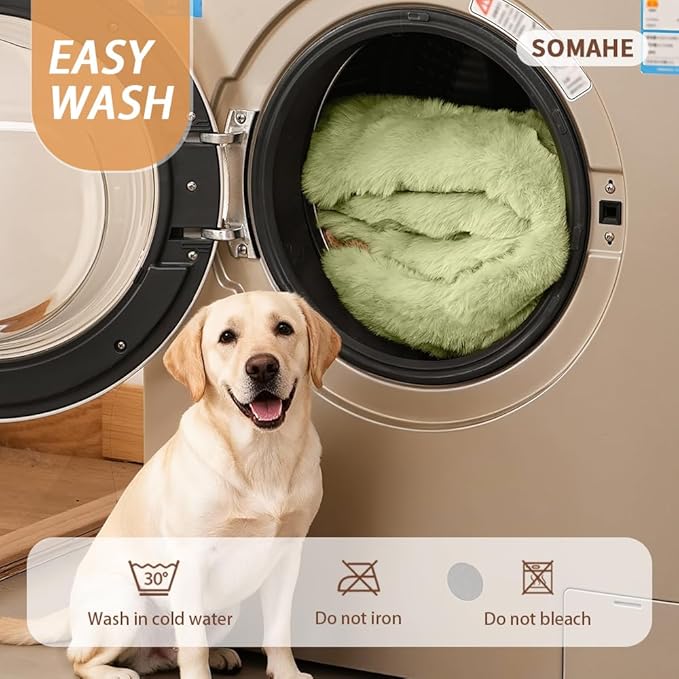 Self-Warming Dog Bed, Plush Faux Fur Mat with Anti-Slip Bottom, Ultra Soft Heated Pet Bed for Medium Large Dogs, Cozy Fluffy Pad for Carriers Couch Crate, Machine Washable, 35 x 27 Inch Green