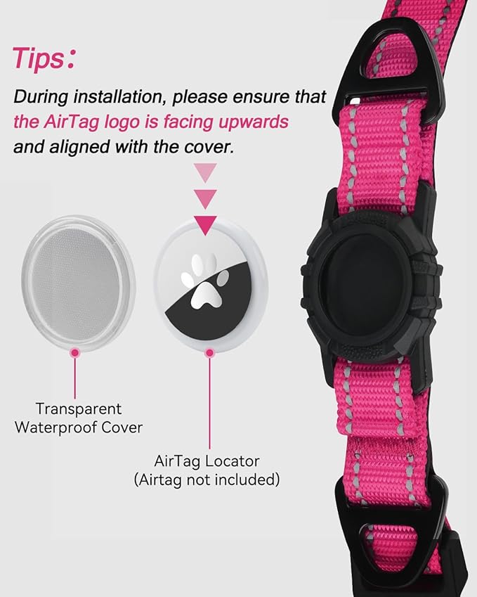 Joytale Airtag Dog Collar, Reflective Pet Collar with Waterproof AirTag Holder, Dual D-Rings, Soft Padded Adjustable for Medium Dogs, Hotpink, M