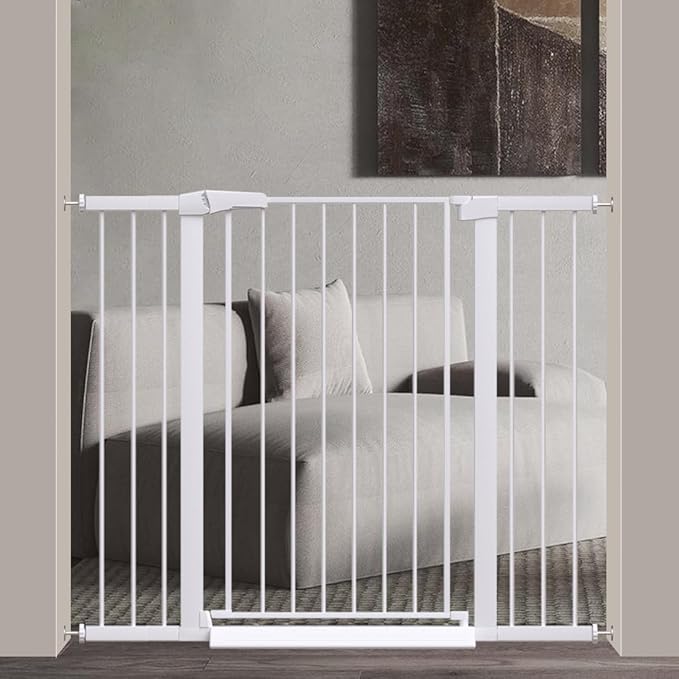 Fairy Baby 38" Extra Tall Pet Gate, 29.5"-48.8" Extra Wide Long Baby Gate, Metal Auto Close Safety Child Toddler Gate, Pressure Mounted Dog Gate No Climb Fence for Stairs Doorways Kid or Pet, White