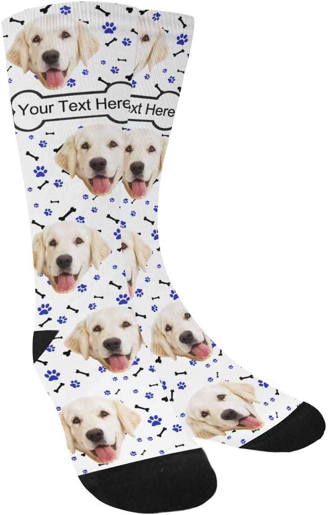 MyPupSocks Custom Personalized Photo Pet Face Socks, Cat and Dog Tracks Paws Bones Crew Socks with Picture for Men Women