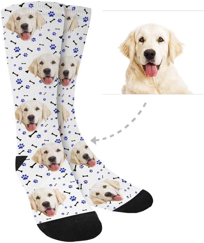MyPupSocks Custom Personalized Photo Pet Face Socks, Cat and Dog Tracks Paws Bones Crew Socks with Picture for Men Women