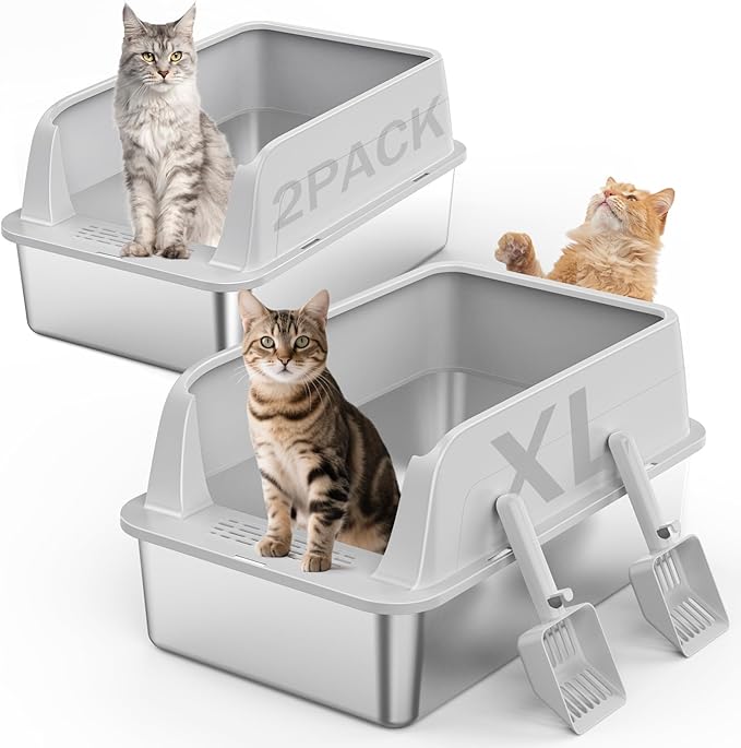 2PACK Stainless Steel Litter Box, Extra Large Litter Boxes for Big Cats, XL Metal Cat Litter Box with Lid High Sides, Anti-Urine Leakage, Non-Sticky, Scoop Included