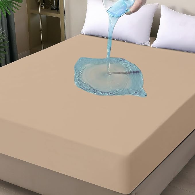 Waterproof Mattress Protector King, Fitted Sheet Style Breathable Mattress Cover with Deep Pocket Fits Up to 18'', Noiseless Bed Cover for Kids Adults Pets, Machine Washable (Light Tan, 76'' X 80'')