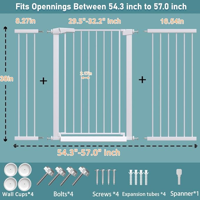 Fairy Baby 38" Extra Tall Dog Gate for Stairs and Doorways, 54.4"-57.0" Extra Wide Pet Gate, Metal Auto Close Safety Child Gate, Pressure Mounted Dog Gate No Climb Fence for Kid or Pet, White
