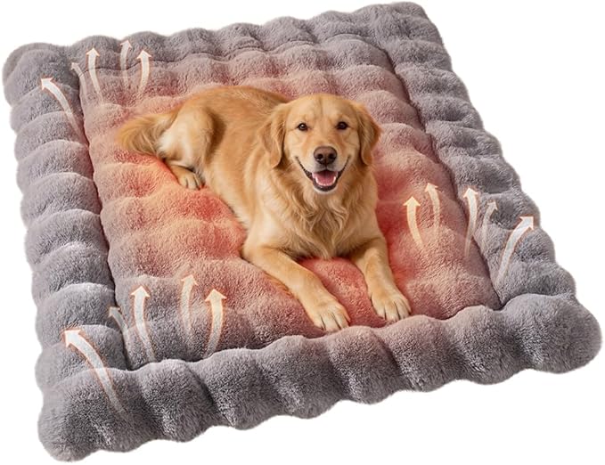 Self-Warming Dog Bed, Plush Faux Fur Mat with Anti-Slip Bottom, Ultra Soft Heated Pet Bed for Medium Large Dogs, Cozy Fluffy Pad for Carriers Couch Crate, Machine Washable, 35 x 27 Inch Grey