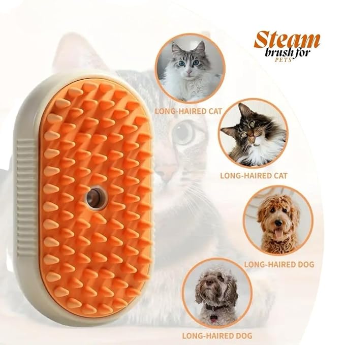 3-in-1 Steam Pet Brush for Cats & Dogs – Self-Cleaning Grooming Comb with Spray Mist, Massage & Shedding, Rechargeable USB, Anti-Static, Foldable Handle – Kakhi
