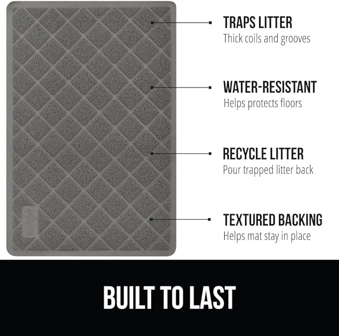 GORILLA GRIP Cat Litter Box Mat, 35x23, Water Resistant, US Designed Kitty Litter Trapping Mats, Easy to Clean, Scatter Control, Less Mess and Clean Floors, Kitten Supplies for Indoor Cats, Gray