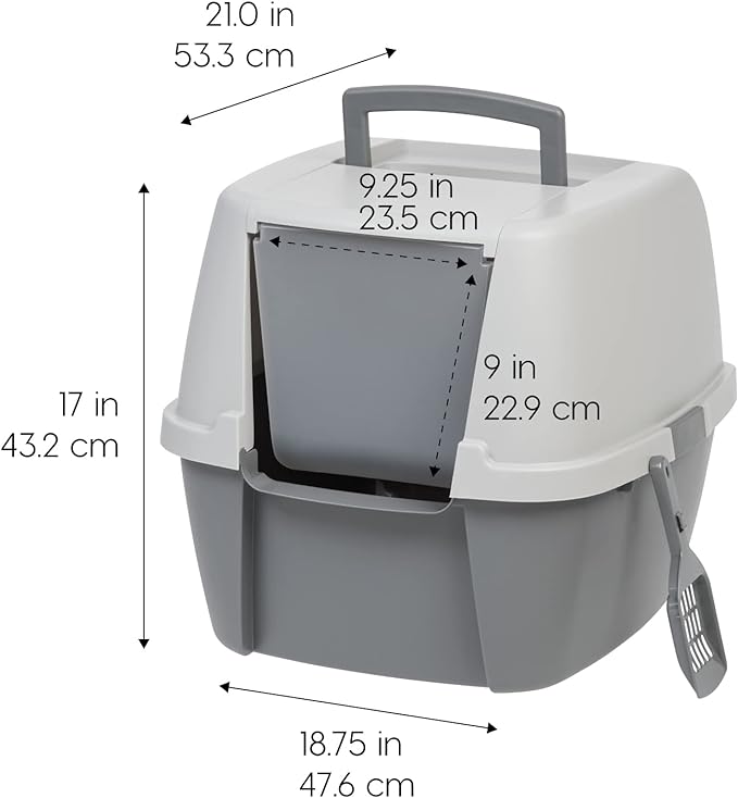 IRIS USA Cat Litter Box, Large Litter Box Enclosure with Front Door Flap and Scoop, Covered Kitty Litter Box with Handle and Buckles for Portability and Privacy, Gray