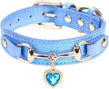 THAIN Fashion Dog Collar with Bling Diamonds & Heart Charm – 5 Holes Adjustable PU Leather Rhinestones Necklace Collar, Gold Buckle for Medium Dogs boy (Blue, M)
