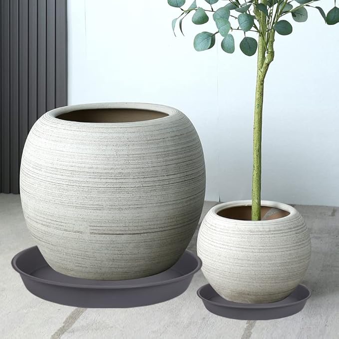 2 Pack of 14 inch Plant Saucer, Heavy Duty Round Plastic Plant Water Tray, Bird Bath Bowls, Plant Saucers for Indoors, Pot Drip Trays for Planter 12-14" (14", Cement)