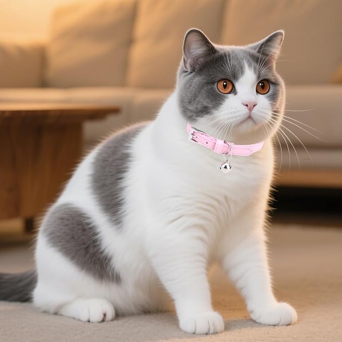 PUPTECK 2 PCS Soft Genuine Leather Cat Kitten Collar with Bells Adjustable for Girl Boy Cats Puppy - Pink, Blue
