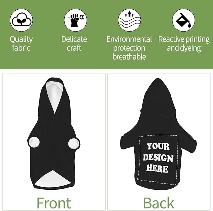 Dog Clothes, Custom Dog Hooded Sweatshirt, Personalized Pet Costume Robe Shirt with Text/Image/Club Name/Pet Shop Logo for Small Medium Large Dogs and Cats, Black, XS