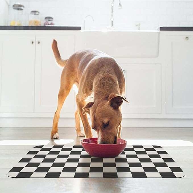 Checkered Dog Food Mat, Absorbent Leak-Proof Pet Feeding Mat, Quick Dry Cat Food Mat for Messy Drinkers 17" x 32" Black