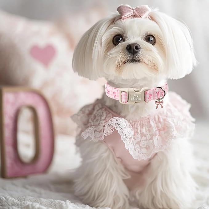 Girl Dog Collar for Giant Large Dogs - Cute Pink Plaid & Bow Print Spring/Summer Puppy Collar, Soft Adjustable Holiday Female Dog Collars with Quick Release Buckle XL