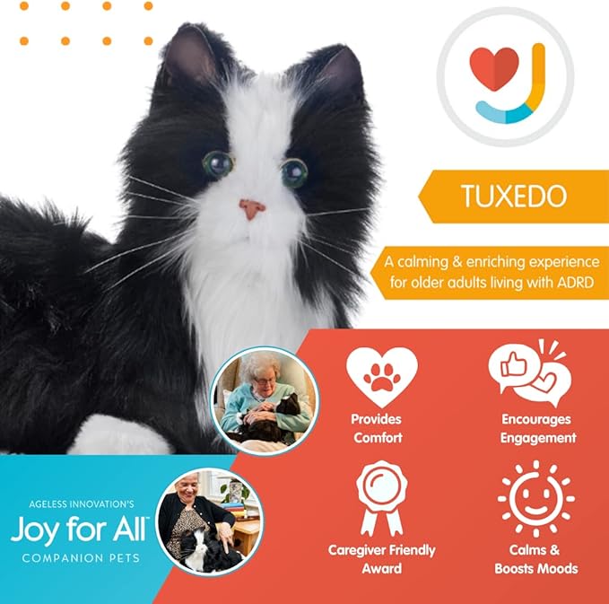 JOY FOR ALL Companion Pet for Seniors - Lifelike Animatronic Cat - Realistic Soft-Touch Fur & Purring - Therapy Stuffed Animal - Toy for Alzheimer's & Dementia - Tuxedo
