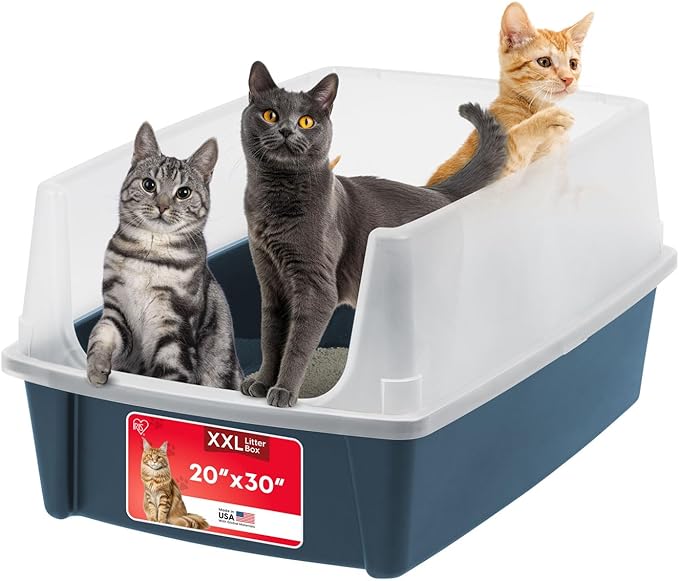 IRIS USA XX-Large Cat Litter Box, Open Top Extra Large Litter Box for Big Cats and Multi-Cat Households, High Sided Scatter Shield, Easy to Clean, 30"L x 20"W x 14"H, Navy