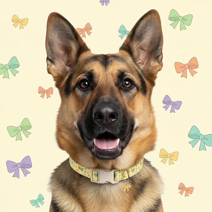 Small Dog Collar with Cute Bowtie Print, Girl Dog Collar for Puppy, Extra Small & Small Dogs, Spring Summer Yellow Puppy Collar with Pendant and Soft Fabric, XS