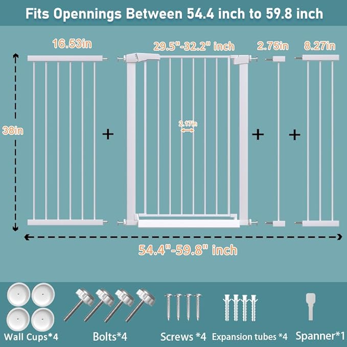 Fairy Baby 38" Extra Tall Baby Gate for Stairs Doorways, Extra Wide 54.4" to 59.8" Safety Dog Gate for House, Auto Close Pressure Mounted Easy Walk Through Pet Gate with Door, White