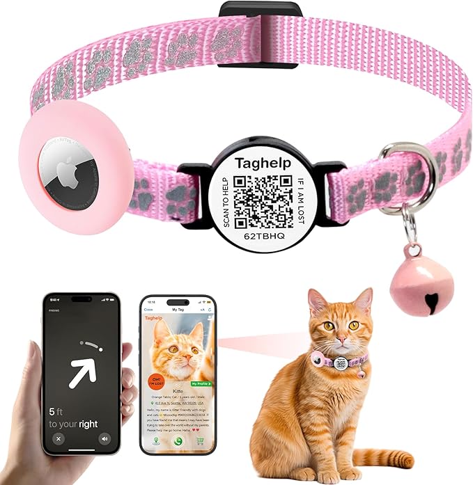 Airtag Cat Collar Breakaway with Bell & Reflective Design - Cute Paw Print Kitten Collar with Apple Airtag Holder & Safety Buckle - Perfect Pet Supplies, QR Code & Gifts for Girl & Boy Cats (Pink)
