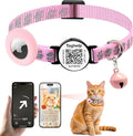 Airtag Cat Collar Breakaway with Bell & Reflective Design - Cute Paw Print Kitten Collar with Apple Airtag Holder & Safety Buckle - Perfect Pet Supplies, QR Code & Gifts for Girl & Boy Cats (Pink)