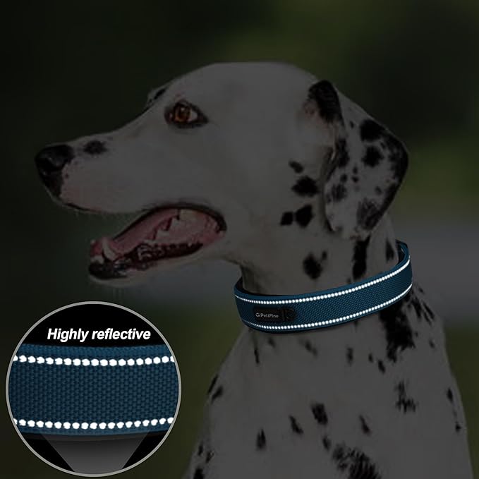 PetiFine Dog Collar for Large Dogs, Neoprene Padded and Adjustable, Reflective Wide Heavy Duty Pet Collars with Durable Metal Belt Buckle for Walking, Blue, XL