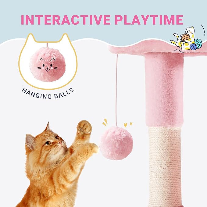 Allewie 29.5in Indoor Cat Tree, Multi-Level Cat Tower with Sisal Scratching Posts, Padded Perch, Basket, Condo, and Hanging Ball, Suitable for Kittens and Adult Felines, Pink