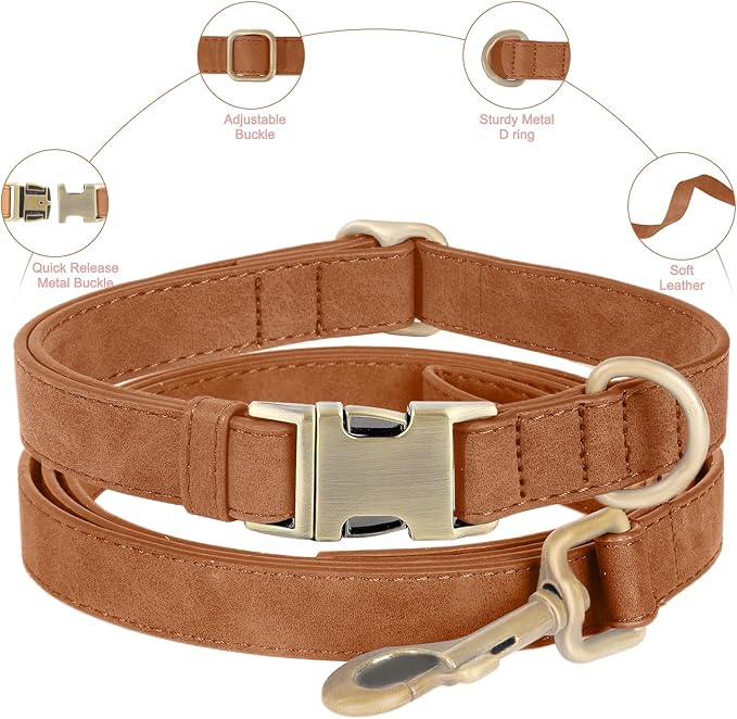 Genuine Leather Dog Collar - Adjustable Pet Collar with Quick Release Metal Buckle, Soft Skin Friendly Real Leather Collar for Small, Medium, Large Dogs (Khaki Collar + Rope, L：Fit 15-23" Neck)