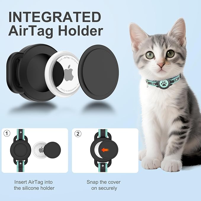 Airtag Cat Collar Breakaway, Reflective Cat Collar with AirTag Holder and Bell, Compatible with Apple Air Tag, Comfortable Padding, Adjustable, Durable (Turquoise, S)