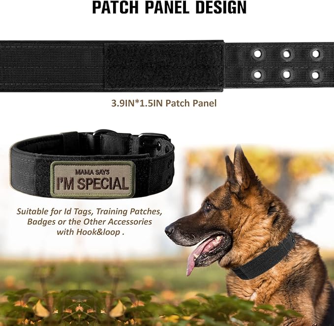 Tactical Dog Collar Military Adjustable Dog Collars Soft Nylon Training Collar with Patch Heavy Duty Metal Buckle Collars for Medium Large Dogs (Black, M)