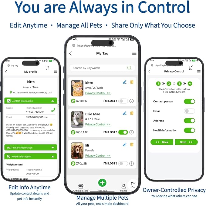 (2 Pack) Smart QR Code ID Dog cat Tags for Collar Personalized for Pet Online Profile - Scan QR Receive Instant Pet Location Alert Email, Anti-Lost,No Subscription fees (Black & Pink, for Dog - 1.2")