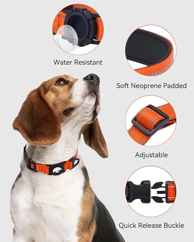 Joytale Airtag Dog Collar, Reflective Pet Collar with Waterproof AirTag Holder, Dual D-Rings, Soft Padded Adjustable for Small Dogs, Orange, S