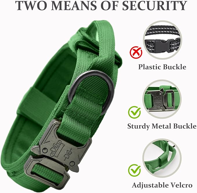 Tactical Dog Collar, Adjustable Military Training Nylon Dog Collar with Control Handle and Heavy Quick-Release Metal Buckle for Small Medium Large Dogs, Emerald Green XL