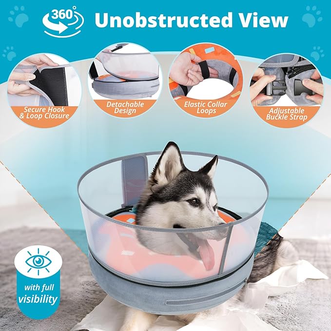 Inflatable Dog Cone with Transparent Shield, Protective Dog Donut Collar After Surgery to Stop Licking, Soft Donut Cone for Small Pets, Adjustable Recovery Collar with Buckle Visibility