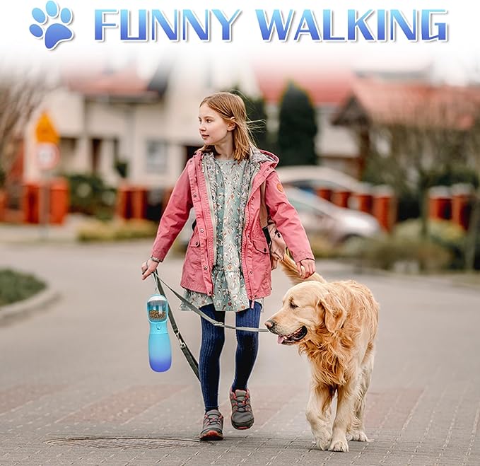 2-in-1 Dog Water Bottle Portable, Food Grade Travel Dog Bowls with Food Container, 19Oz Dog Water Bowl Dispenser, Hiking Essentials, Puppy Stuff Dogs Accessories Girl Boy (Blue)
