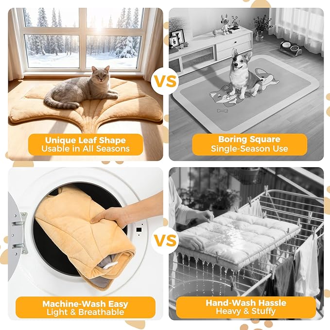 KOOLTAIL Self Warming Cat Bed Mat for Indoor Cats Dogs, Reversible Cozy Pet Heated Pad Blanket with Thermal Foil, Thicken Cat Window Perch, Puppy Kitten House for Crate Desk Floor Outdoor, Gingko Leaf