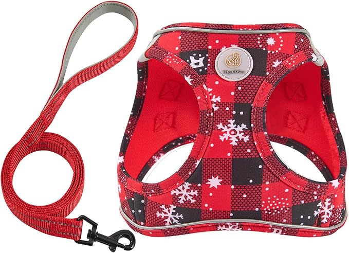 Hipubby Christmas Dog Harness and Leash Set, No Pull Soft Mesh Puppy Harness for Small Medium Dogs, Cats - Step in Reflective Vest Harness for Walking, Training - Christmas Red, S