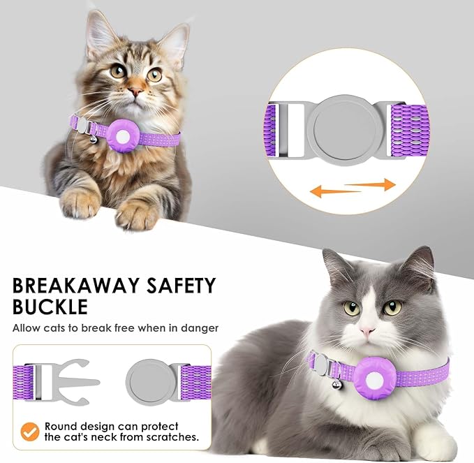 Cat GPS Tracker, Smart Cat GPS Tracker Compatible with Apple Find My App (Only iOS), No Monthly Fee, Waterproof (White Tracker, Purple Cat Collar)