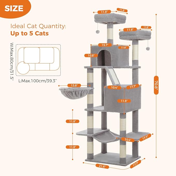 70.8" Tall Cat Tree for Indoor Cats Large Adult, Multi-Level Climbing Tower with Perches, Condo, Hammock, and Sisal Scratching Posts, Easy to Assemble, Light Gray