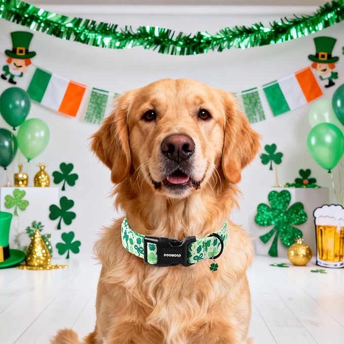 DOGWONG St Patrick's Day Dog Collar-Cute Green Clovers Dog Collar, Adjustable Cotton Shamrock Pet Collar Trefoil Puppy Collars with Quick Release Buckle,M