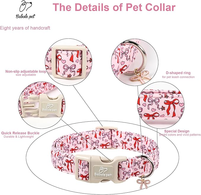 Girl Dog Collar for Large Dogs - Cute Heart Bow Print Girly Dog Collars, Soft Adjustable Spring/Summer Holiday Female Dogs Collar with Quick-Release Buckle L