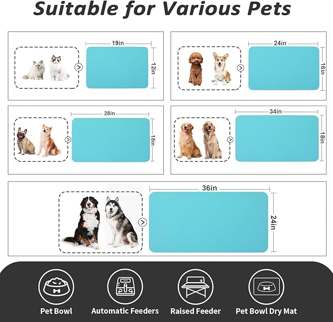 Dog Food Mat - Absorbent Cat Mat for Food and Water, No Stains Pet Feeding Bowl Mat, Easy to Clean Pet Placemats, Quick Dry Dog Water Dispenser Mat for Messy Drinkers | Teal 18"x34"