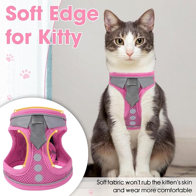 Cat Harness and Leash Set for Walking Escape Proof, Soft Adjustable Kitten Harness Breathable Mesh with Reflective Strips Harness for Kitty Puppy Bunny(Pink,S)