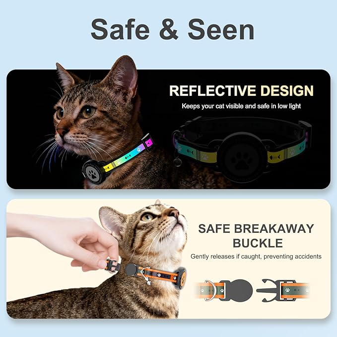 Airtag Cat Collar Breakaway, Reflective Cat Collar with AirTag Holder and Bell, Compatible with Apple Air Tag, Comfortable Padding, Adjustable, Durable (Orange, XS)