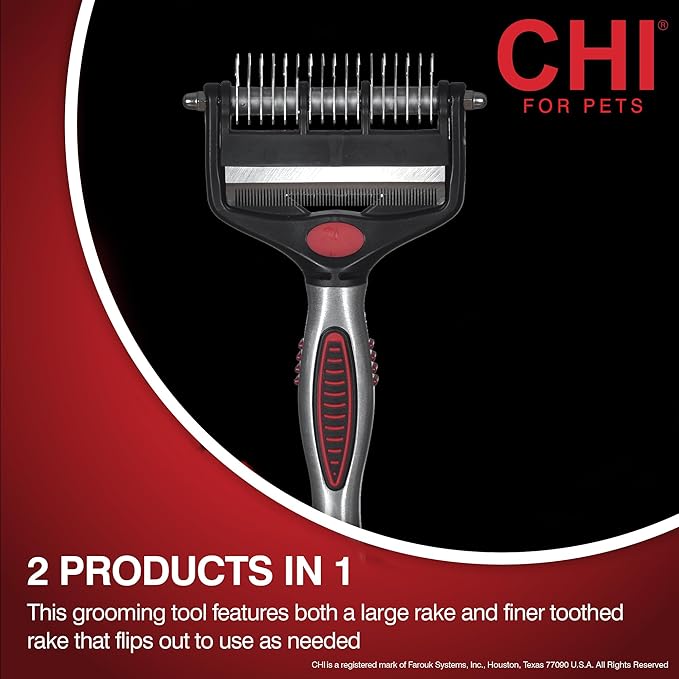 CHI for Dogs 2 in 1 Dematting and Deshedding Rake, Dual Head Dog Grooming Tool with Wide Tooth Dematting Rake and Fine Deshedding Rake, Detangler Comb for Thick Double and Long Dog Coat