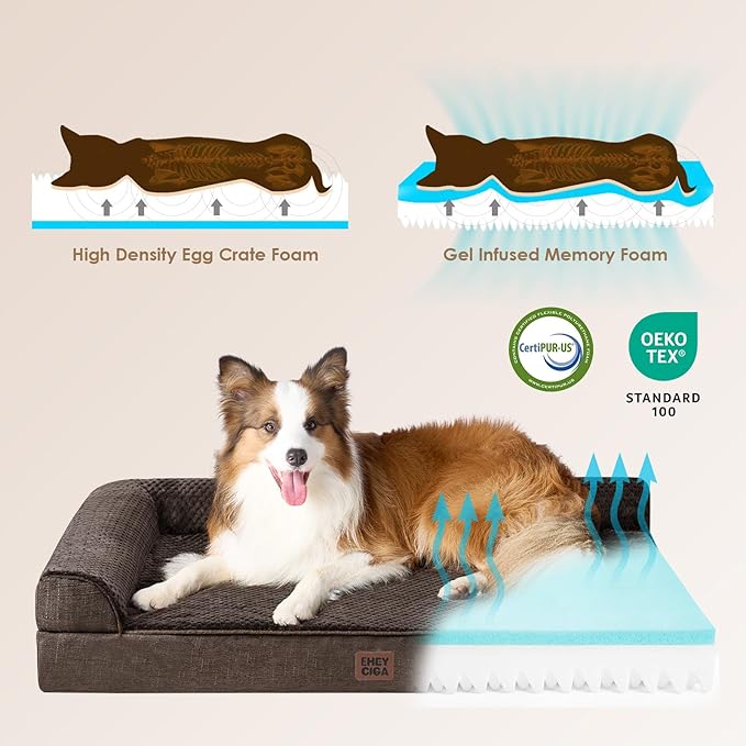 EHEYCIGA XXL Dog Bed Memory Foam, Orthopedic Giant Dog Bed Jumbo with Washable Removable Cover, Waterproof Pet Sofa Couch with Nonskid Bottom, 48x35x7.5, Brown