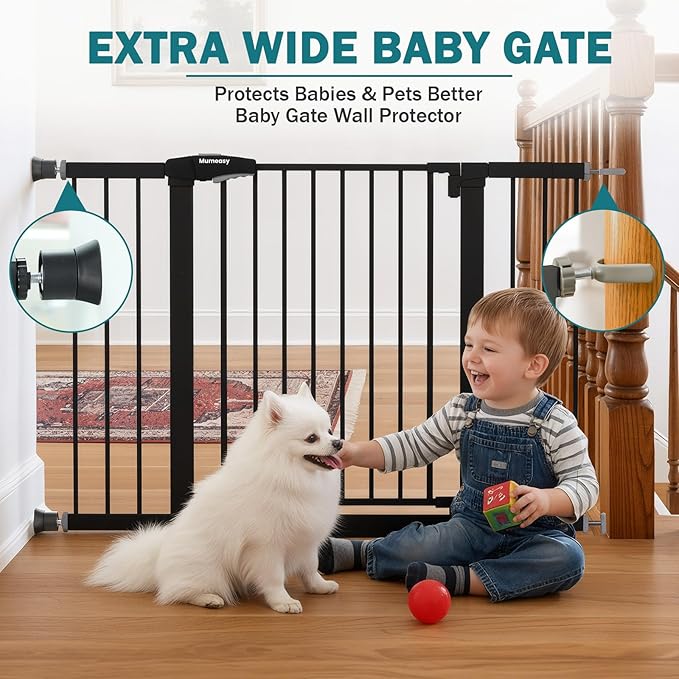 Mumeasy 29.7–48" Baby Gate for Stairs, Dog Gate for Doorways, Auto Close Child Gate, Indoor Safety Pet Gate with Walk Thru Door, Easy Install Pressure Mounted Extra Wide Gate for Kitchen, House, Black