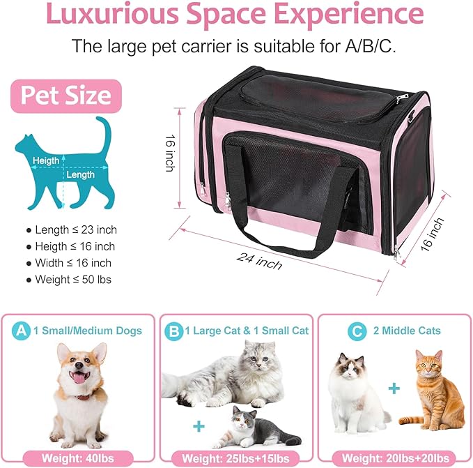 Discala Extra Large Cat Carrier for 2 Cats, Pet Carrier, Dog Carrier for Small Dogs, Cat Carrier Soft, Collapsible Large Pet Carrier for Traveling Indoor and Outdoor Uses - Pink 24"x16"x16"