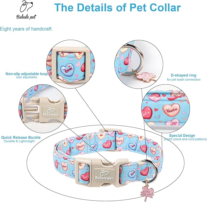 Valentines Dog Collar for Medium Dogs - Valentine Candy Hearts Dog Collars, Love Boy Girl Dogs Collars, Lightweight Adjustable Cute Blue Puppy Collar with Quick-Release Buckle M